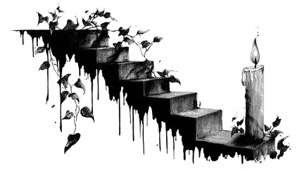 Surreal dark staircase with candle symbolizing mystery hope journey transformation fantasy horror and spiritual concept illustration art on white background