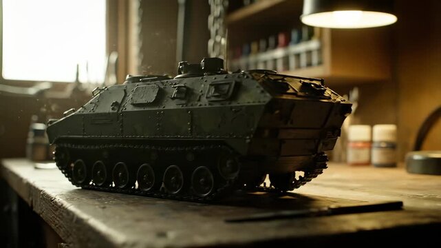 Tank model sits on workshop table near paint supplies. Military vehicle model in hobby workspace. Tank miniature on workbench. Scale model tank with paint. Hobby modeling of military tank.
