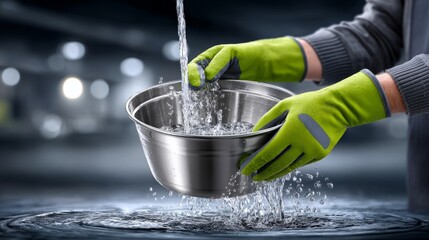 Water cascades from a shiny bowl, with gloved hands creating mesmerizing ripples in the serene surface below