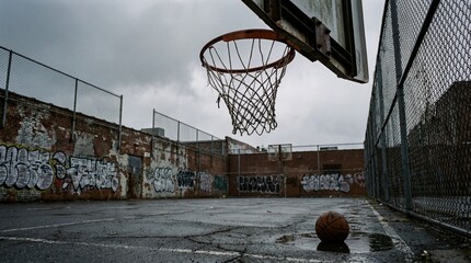 Empty Urban Basketball Court With Graffiti Walls And Puddle On Gloomy Rainy Day