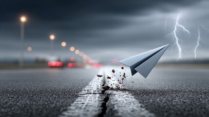 A paper airplane soars across a stormy road, symbolizing resilience and aspirations facing challenges under dark skies