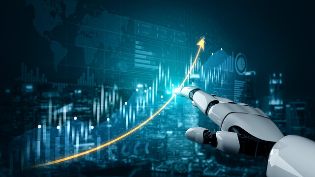 A futuristic robot hand pointing at an upward-growing data visualization graph, symbolizing advancements in technology, business growth, and data analytics. Scalp - Powered by Adobe