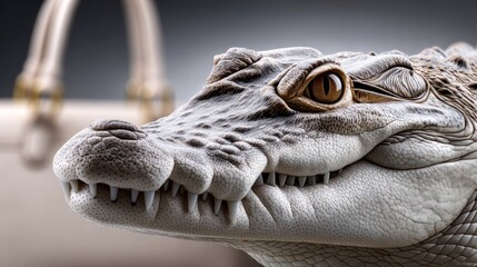 An intense close-up of a crocodile's head, showcasing its fierce expression and intricate details of nature
