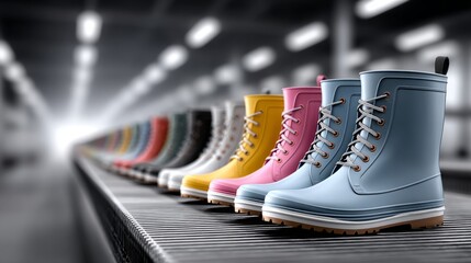Colorful rubber boots are arranged artistically, brightening up a spacious indoor space