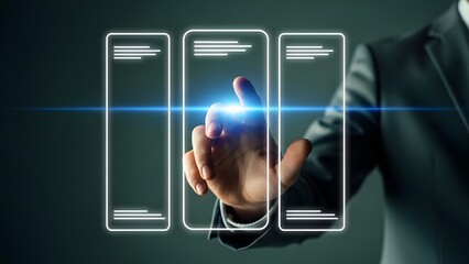 Businessman interacting with futuristic virtual interface screens