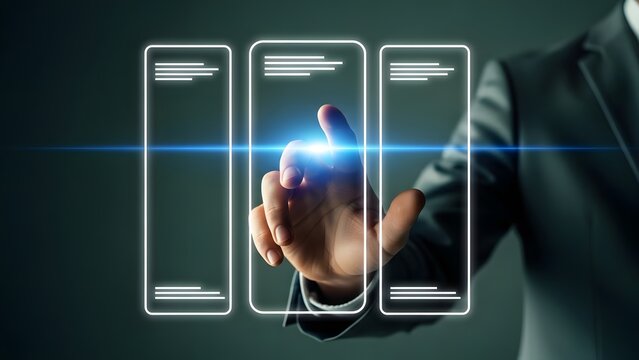 Businessman interacting with futuristic virtual interface screens - Powered by Adobe