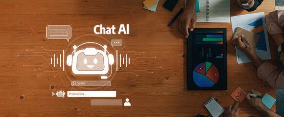 A captivating representation of chat AI technology, showcasing digital interfaces and data analytics in a collaborative workspace, emphasizing modern communication methods. Trope