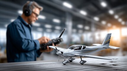 An eager model airplane builder skillfully pilots a sleek craft in a bright, creative workshop