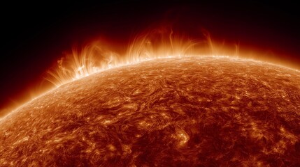 Surface of the Sun with prominences. Detailed close-up of fiery solar texture and swirling plasma, bright flares rising from the limb against dark space, astronomy and space science concept.