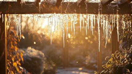 Icicles hanging from a wooden pergola, framed by winter plants and golden light. .