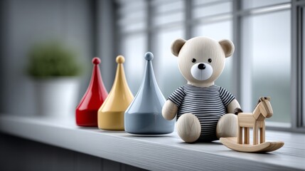 A charming teddy bear sits beside vibrant toys, bringing warmth and joy to a delightful nursery setting