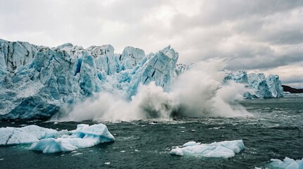 Massive Glacier Calving into Ocean with Huge Splash and Floating Ice