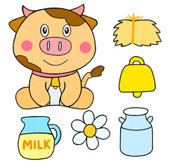 Cute cartoon cow illustration with farm elements including milk jar, bell, hay, flower, and bucket, ideal for children design, education, and playful farm themes.