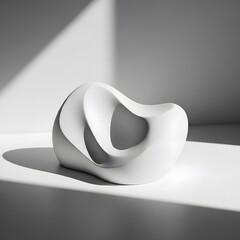 화이트 톤의 공간 속에 놓인 하얀 석고 오브제와 그림자