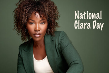 A woman with curly hair poses confidently wearing a green jacket over a white top against a green background. National Clara day concept