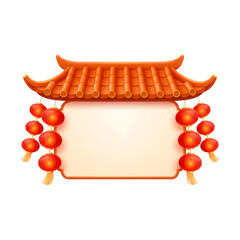 Traditional Chinese Temple Roof and Lanterns with Blank Sign.