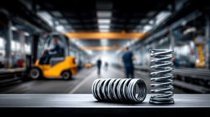 Two metal springs rest on a workbench in a bustling workshop of machinery and workers, showcasing industrial design