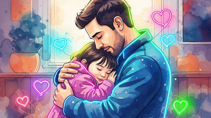 Father And Daughter Embrace Watercolor Vector Illustration, Perfect for Father’s Day greeting cards, family love concepts, emotional storytelling visuals, parenting content