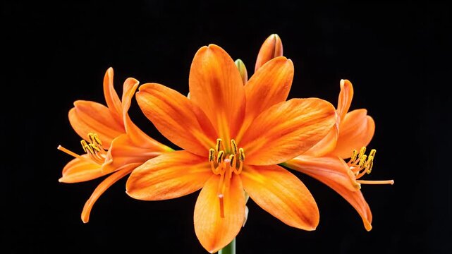 Close-up shot of vibrant orange lily flowers against a stark black background.