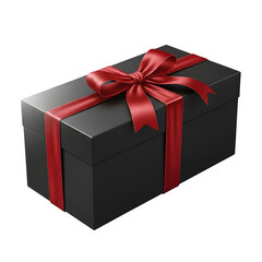 Fototapeta premium Black gift box with red ribbon isolated on transparent background