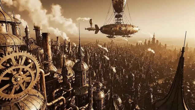 Steampunk cityscape with airships and giant gears at sunset