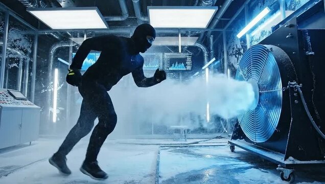 Athlete in black suit running in extreme cold wind tunnel with ice and vapor for cryotherapy or sports science testing