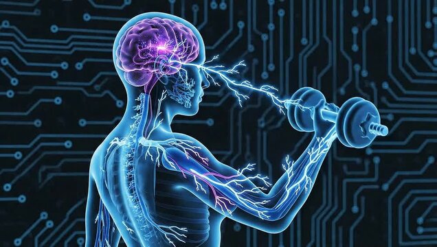 Brain power lifting weights with electrical impulse and nervous system on circuit board background concept
