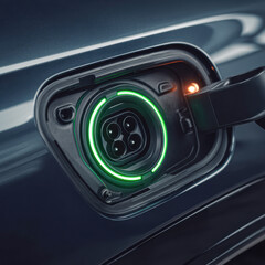 Naklejka premium Close-up of an electric vehicle charging port with a glowing green indicator, highlighting modern technology and sustainability in transportation.