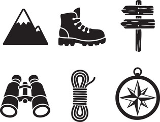Black silhouette of mountain boot rope compass signpost binoculars peak snow shoe © Nur