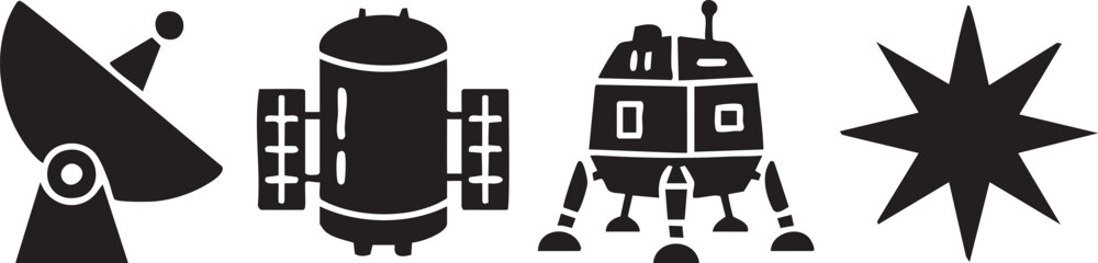 Black silhouette of satellite dish satellite lander and starburst spacecraft rocket © Nur