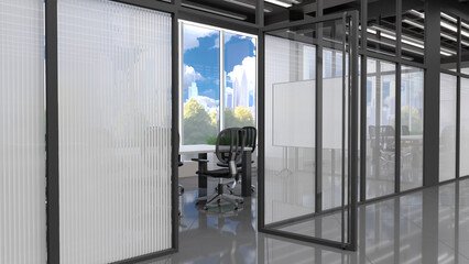 View from the office hallway into the meeting room through the open glass door and glass wall with blinds. 3d illustration