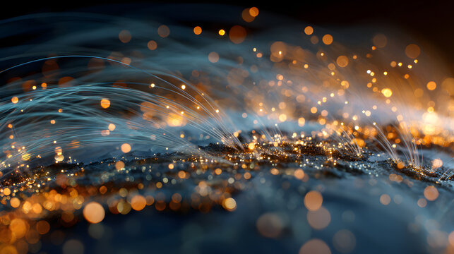 Abstract Blue and Gold Global Network Background with Optical Glass Texture, Volumetric Lighting and Cinematic Bokeh