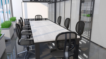 Contemporary sunlit meeting room interior with meeting table, office chairs, presentation board, glass walls and planters with green plants. 3d illustration