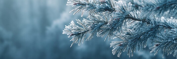 Frosted pine branch in winter with soft blue background  