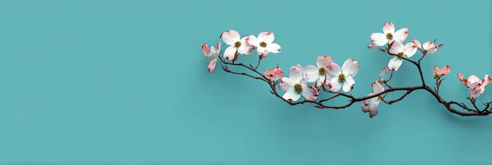 Dogwood branch with pink flowers on teal background  