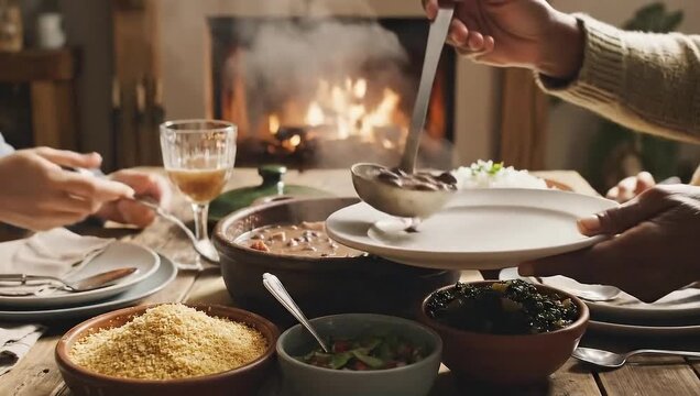 Serving hot, steaming traditional brazilian feijoada with black beans and meat in a clay pot, accompanied by rice and collard greens on a rustic wooden table