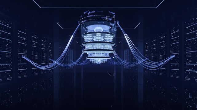 Quantum computer technology in server room with glowing data wires, Futuristic sci-fi scene of artificial intelligence, 3d rendering, Looping animation