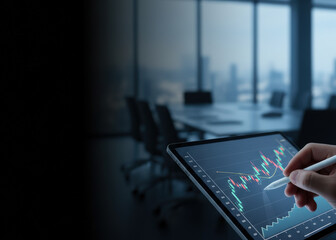 Digital tablet business finance data analytics office graph chart trading investment digital tablet data analytics office background shows financial graph chart trading investment concept