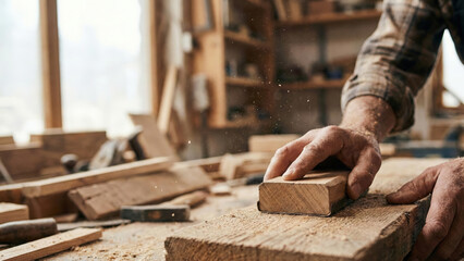 Woodworking carpenter hand craftsmanship workshop sanding timber tool rustic sawdust old carpenter hand sanding rough timber plank rustic workshop, fine wood detail and flying sawdust highlight