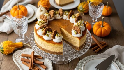 Fototapeta premium Festive pumpkin cheesecake with spiced topping, beautifully presented on a glass stand surrounded by miniature pumpkins, cinnamon sticks, and crystal glassware for a thanksgiving or autumn celebration