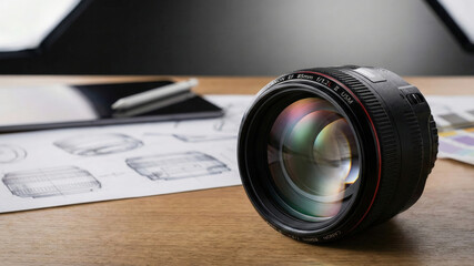 Camera lens photography optical glass reflection closeup wooden desk product design sketch tablet pen modern technology professional equipment focus aperture bokeh creative work office workspace