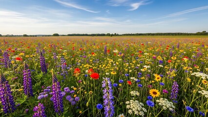 Vibrant Summer Wildflower Meadow: Purple Lupines Red Poppies and Yellow Blooms Under a Clear Blue Sky.