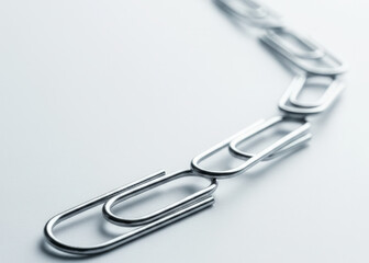 Paper clip metal connection chain link symbol office stationery closeup minimal macro silver shine reflection curve arrangement group teamwork unity abstract concept white background focus shallow