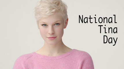 Young woman with short blonde hair wears a pink sweater, posing against a plain background. National Tina day concept