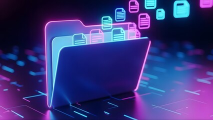 Digital file folder with documents floating in virtual space. Data management and storage concept for cloud computing and information organization in pink and blue light.