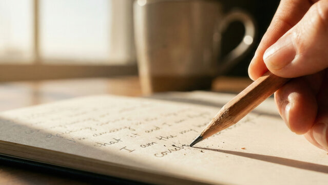 Hand pencil notebook writing journal sunlight morning cup coffee warm closeup paper note reflection idea inspiration study learning education student writer author thinking handwriting letter - Powered by Adobe
