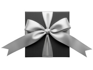 A beautifully wrapped black gift box with a silver satin ribbon bow