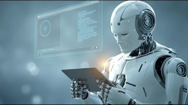 Advanced humanoid robot interacting with a futuristic holographic interface and tablet