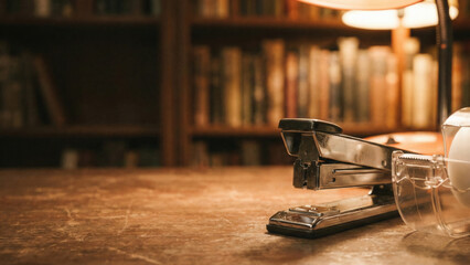 Obraz premium Vintage stapler office desk warm lamp wooden bookshelf cozy library soft lighting workplace still life nostalgic mood stationary tool quiet evening Vintage stapler office desk warm lamp front