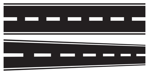 Winding and curved road silhouettes set with top view perspective and lane markings.